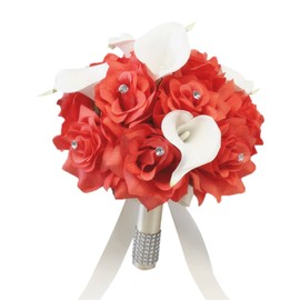 Angel Isabella 8'' Wedding Bouquet - Coral Roses with Ivory Real Touch Calla Lily - Artificial Flowers