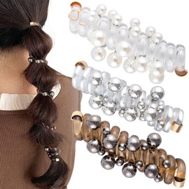 SmallCat 3PCS Spiral Hair Ties with Beads, 3 Colors Pearl Phone Cord Shape Hair Bands, Elastic Rubber Ponytail Holders for Women, No Crease Hair Accessories for Long Curly Hair