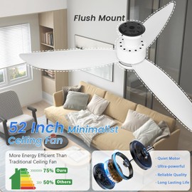 OUATER Low Profile Ceiling Fan, 52" Flush Mount Ceiling Fan with Light and Remote, White Ceiling Fan with 3 Blades,3 Color Lights, 6 Speeds, Queit DC Motor, for Bedroom/Living Room/Indoor, White Fan