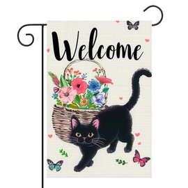BlissYard Welcome Cat Garden Flag 12x18 Inch Cute Black Cat Colorful Floral Butterfly Basket Double-Sided Yard Decoration for Outdoor Garden Patio Yard Spring Summer Décor