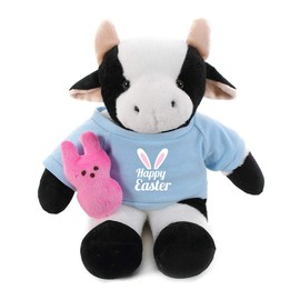 Plushland Easter Stuffed Animal with Bunny Carrot Soft Lovely Realistic Sitting Plush Toy with Pattern on Blue and Pink Shirt 12 Inches(Cow Blue)