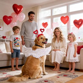 Dog Feather Wings Costume with Heart Headband for Valentine's Day Outfit Cute Pet Costume Set for Medium Large Dogs Cats Puppy