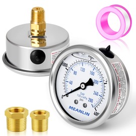 MEANLIN MEASURE 0~4000Psi Stainless Steel 1/4" NPT 2.5" FACE DIAL Liquid Filled Pressure Gauge WOG Water Oil Air Center Back Mount, with 1/4" x 1/2" NPT and 1/4" x 3/8" NPT Hex Bushing