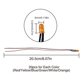 YIXISI 120 PCS 3mm LED Diodes Light 6 Colors (Each Color 20 PCS) with Diffused Colored Lens, Ultra Bright 12V 20cm Pre Wired, Orange/White/Red/Blue/Green/Yellow