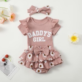 ZZLBUF Newborn Baby Girls Clothes Summer Daddys Girl Outfit Ruffle Romper Floral Shorts Headband 3Pcs Father's Day Outfits (02- Pink, 0-3 Months)