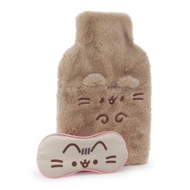 Pusheen Womens Hot Water Bottle & Eye Mask Set | Ladies & Girls Furry Heat Pad and Satin Sleepwear Eye Cover in Brown | Complete Matching Nightwear Gift Bundle | Cat Kitten Merchandise Apparel