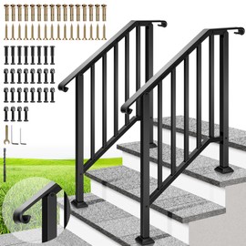 VIVOHOME 2-Pack 3 Step Galvanized Steel Hand Rails for Outdoor Steps – Curved Ends and Safety Balusters Exterior Railing for Porch, Deck, or Indoor Stairs, Complete Installation Kit
