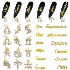SILPECWEE 24pcs Zodiac Nail Charms Dangle 3D Zodiac Signs Letters Gold Nail Letter Flat Back Nail Rhinestones Constellation Words Hollow Nail Studs Alloy Nail Jewels Decoration