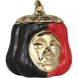 Jarra de Ceramica Elegua Head 8" Glossy Black, Red, and Gold with Removable Lid
