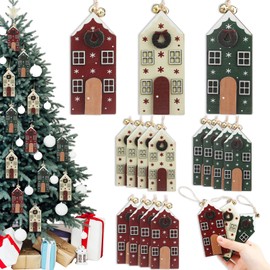 Thyle 12 Pcs Wooden Christmas Village Door Hanging Ornament Xmas Tree Tag Decoration Wooden House for Craft Small Hanging Ornament with Rope for Holiday Winter Gift Decor Supplies(Colorful)