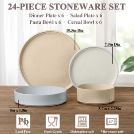 Herogo Dinnerware Dishes Sets with Salad Bowls, 24 Piece Plates and Bowls for 6, Ceramic Stoneware for Kitchen, Chip & Scratch Resistant Dinner Ware, Speckled Multicolor