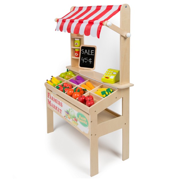 Wooden Farmers Market Stand - Kid's Playroom Furniture Grocery Stand for Pretend Play (30+ Pieces) - Includes Fruit, Chalkboard, Chalk, and Cash Register