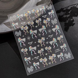1 Sheet Spring Bow Nail Decal Holographic Bow Nail Decal Sticker with Glitter Design, 5D Embossed Self-Adhesive Nail Supplies for Women Daily DIY Nails Accessories