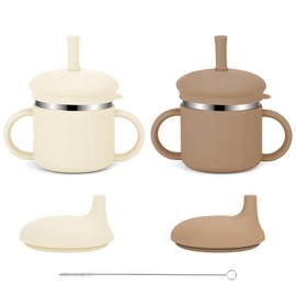 EsOfficce Stainless Steel Baby Sippy Cups, 7.4 Oz Spill Proof Toddler Straw Cups, 3 Stages Training Cup for Toddlers 1-3 Year, Kid Cups with Silicone Sheel and Straws (Beige+Brown)