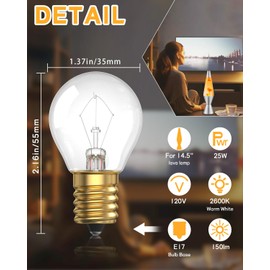 25W Lava Lamp Bulb, S11 E17 Base, 25W 120V for 14.5-Inch Lava Lamp Light Repalacement Bulb, Dimmable Bulbs E17 Base Bulbs 2-Pack