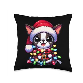 boston terrier Santa Merry Xmas Fairy Lights Merry Christmas Xmas Boston Terrier Santa Dog Throw Pillow, 16x16, Multicolor
