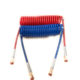 Euro America 15' RED and Blue Coil Coiled AIR LINE Hose Set - Trailer Brake - 1/2" Fittings