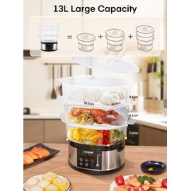 FOHERE Food Steamer for Cooking,13.7QT Vegetable Steamer with Stackable 3 Tiers BPA-Free Baskets,800W Electric Steamer Pot 60-Minute Timer, 24H Delay Start Timer for Veggies Seafood Rice
