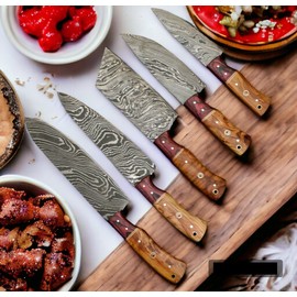 Wilson Roy Professional Kitchen Knives Custom Made Damascus Steel 5 pcs of Professional Utility Chef Kitchen Knife Set with Chopper/Cleaver with Pocket Case Chef Knife Roll Bag