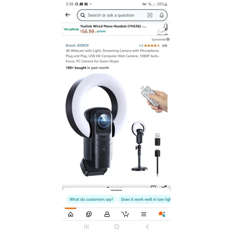 Jeebox 4K Webcam w/ Light - Streaming Camera 1080P Auto-Focus