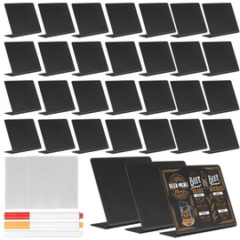 Pack of 31 Chalkboards, Small Boards for Labelling, Mini Chalkboards for Labelling, L-Shape Price Tags, Stand for Message Signs, Place Cards, Buffet, 100 x 75 mm + 3 Chalk Pens, 2 Cleaning Substances