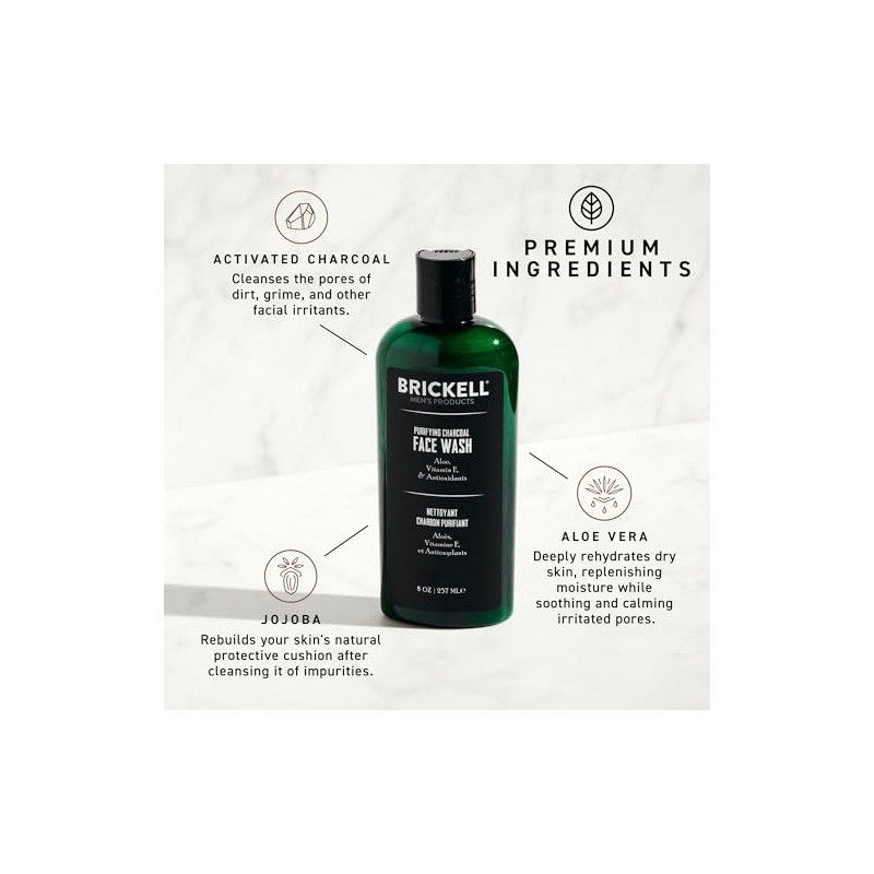 Brickell Men's Purifying Charcoal Face Wash for Men, Natural and