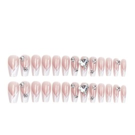 Press on Medium Square Nails French Glossy Full Cover Acrylic Square Shaped False Nails with Heart Gems Designs Artificial Square Fake Nails with Charms Glue ons Nails Stick on Fingernails for Women