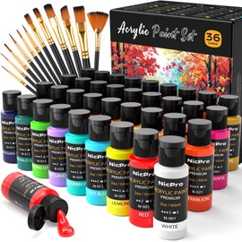 Nicpro 36 Colors Acrylic Paint Set with 12 Brushes & Palette, Non Toxic Art Supplies Kit for Fabric Painting, Canvas, Clay, Wood, Rock & Ceramic, Rich Pigments for Adults, Beginners, Professional Artist (2 oz, 60 ml)