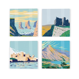 Wales Ceramic Coaster Set - UK Welsh Landmarks/Landscapes Square Set of Four (4) Coasters Gift