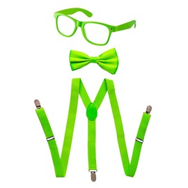 Dress Up America Neon Suspender, Bow-tie, Sunglasses, Accessory Set - Adult and Kids Size Suspenders, Green, Adult