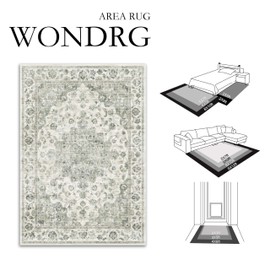 WondRg 2x3 Washable Area Rug for Entryway Non-Slip Green Neutral Carpet Low Pile Soft Thin Tapis Salon Floral Vintage Vacuumable Lightweight Small Door Mat for Entrance Kitchen Bathroom Indoor