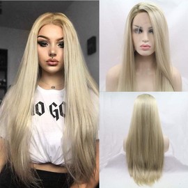 AFBeauty Omber Blonde Wig for Women Long Silky Straight Blonde with Light Brown Root Free Part Synthetic Lace Front Wig Heat Resistant Fiber Daily Wear