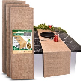Burlap Table Runners (Pack of 6) – 12”x 108” - No-Fray Finished Edge Premium Quality Natural Table Runner – No Odor, Eco-Friendly Burlap Runner, Perfect for Rustic Table Decor and Other DIY Crafts