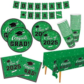 Graduation Party Supplies Gatherfun 2025 Graduation Party Dinnerware Set Green Disposable Paper Plates Napkins Cups Tablecloth Banner for Congrats Grad Party Decorations, Serve 25