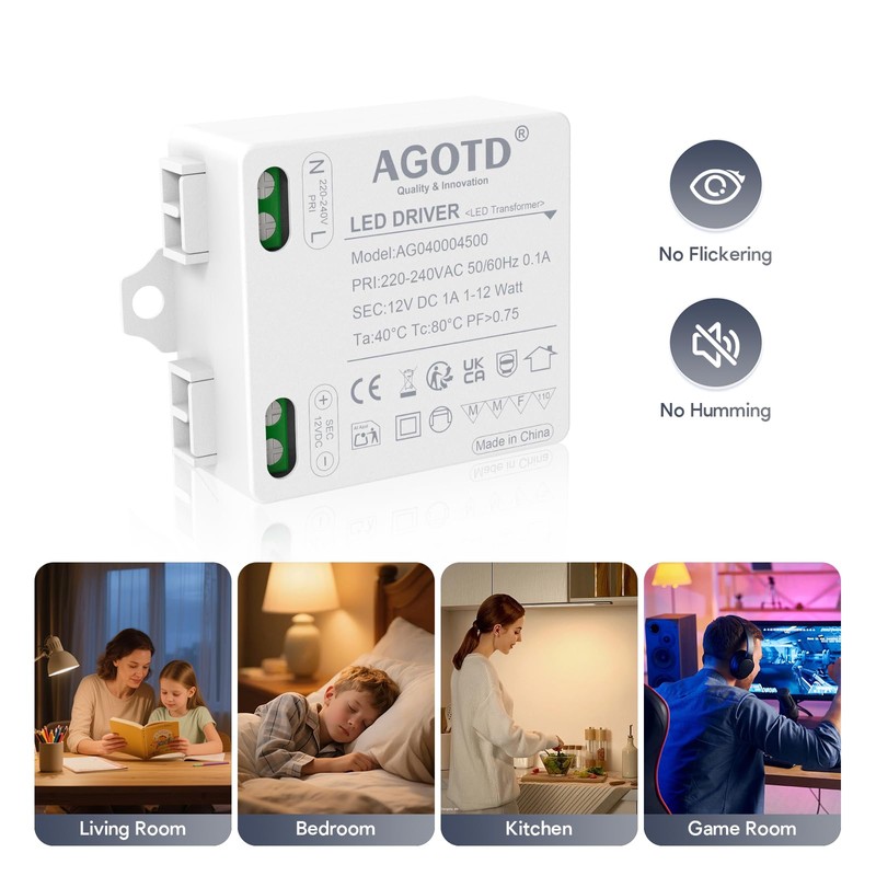 AGOTD LED Transformer 12 V 1 A 12 W Flicker-Free