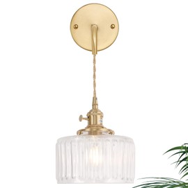 Shenmoyl Vintage Wall Sconce Wall Lamp with Clear Striped Shade Pattern Glass Adjustable Chain Retro Gold Wall Mounted Light, Modern Wall Lamp Fixtures Decor for Bedside Bedroom Indoor Doorway