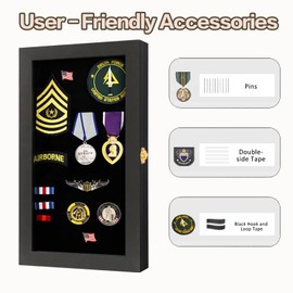 Verani 8.5 x15 Pin Display Case with Real Glass Door Frame Bracket for Military Medals, Beach Tags, Jewelry Pins, Pin Gift, Insignia Ribbons, Pin Enthusiast Collectibles, Black