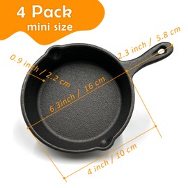 Nexboraque 4 Pcs Small Cast Iron Skillet with Double Drip Spouts, 4 Inch Mini Egg Frying Pan with Handle for Oven, Grill, Stovetop, Campfire, Indoors, Outdoors, Black, Non-stick