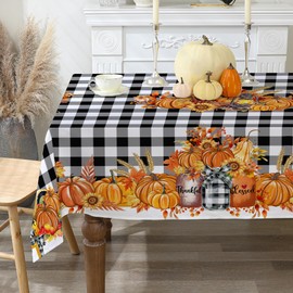 cusugbaso Thanksgiving Tablecloth 52x70 Inches, Buffalo Plaid Pumpkins Fall Decorations for Home, Water Resistant Thanksgiving Table Cloth Rectangle for Party, Home