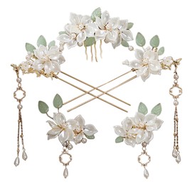 5pcs Camellia Flower Tassels Hair Pins,Vintage Chinese Hanfu Wedding Bridal Women's Hair Accessories,Pearl Bundle Upudo Hair Accessories,Suitable for bridal wedding hair tie hairstyle.