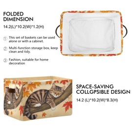 Wamika Fall Cat Kitty Storage Basket with Waterproof Liner and PU Handles Autumn Maple Leaves Storage Bins Boxes 14.2" Collapsible Decorative Organizer Baskets for Bedroom Closet Office 1 Pack