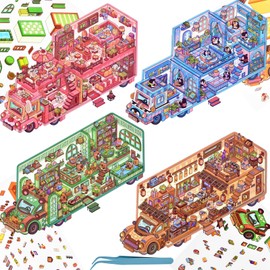 4 Sets DIY 3D Fun Mini House Scene Stickers with Tweezers Make Your Own Penguin Dog Capybara Touring Car Theme Sticker Scenes Cute Animal Micro Stickers for Relief Stress Pass The Time