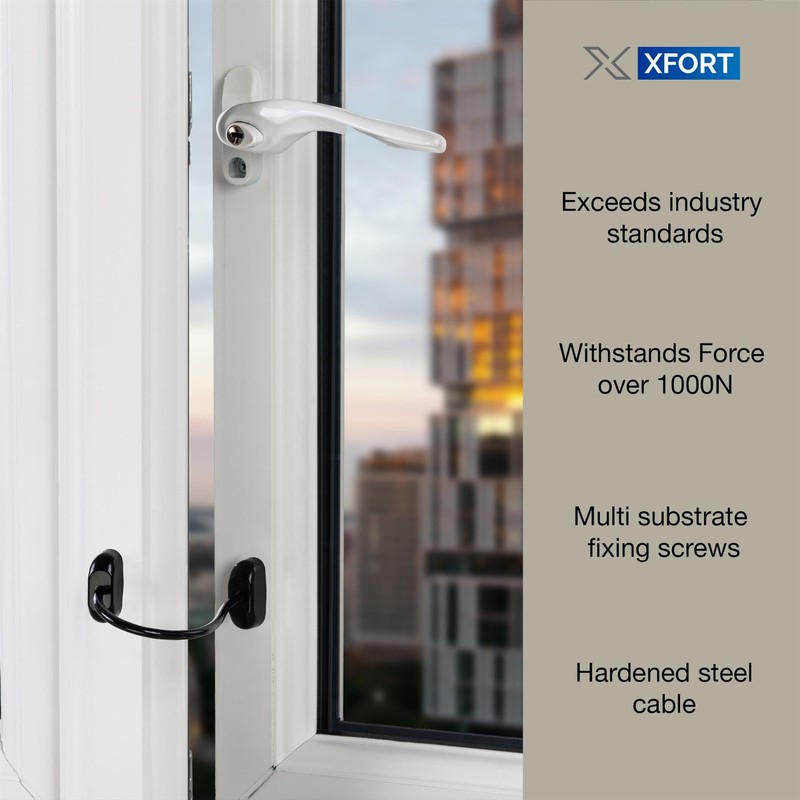 XFORT Viper Fixed Cable Window Restrictor in Black, Durable Window