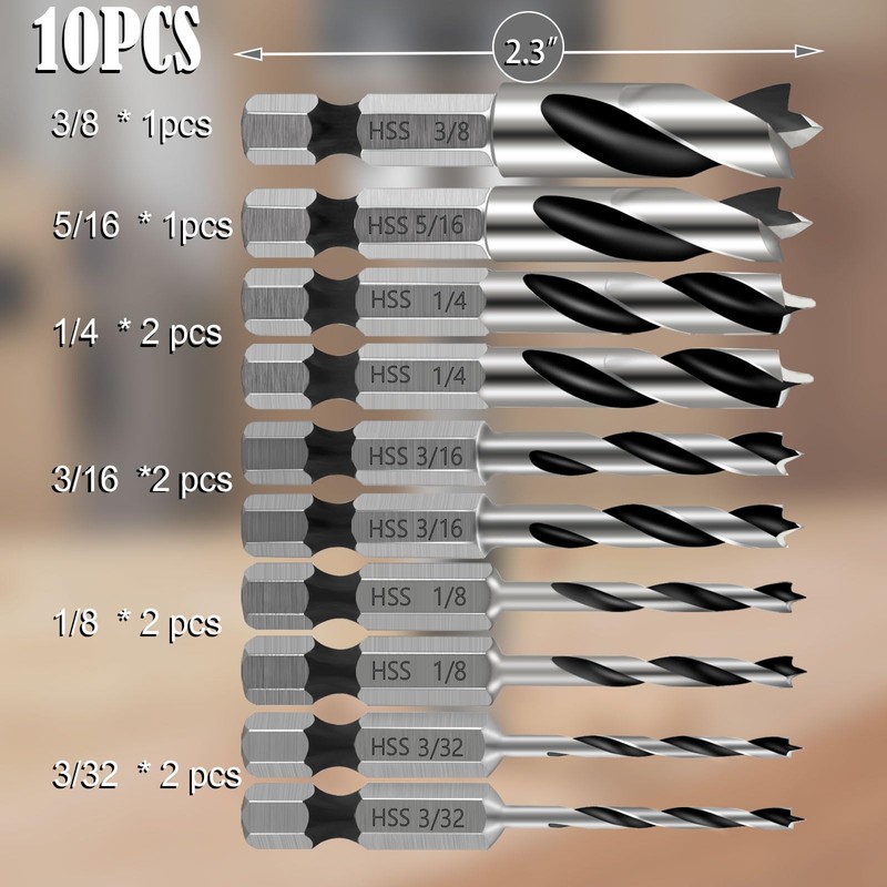 10PCS Brad Point Drill Bit Set for Woodworking, HSS 1/4"