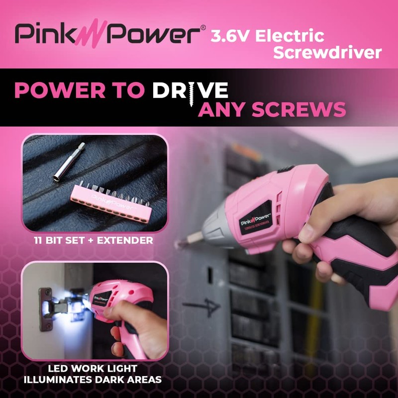 Pink Power Cordless Screwdriver Set - 3.6V Electric Screwdriver Rechargeable