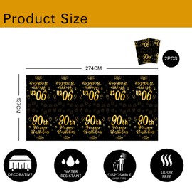 90th Birthday Table Decoration, 2pcs Black Gold 90th Table Cloth,Happy 90th Birthday Tablecloth for Men Women ,137*274cm Plastic Tablecloths Table Cover 90th Birthday Decorations for Him Her