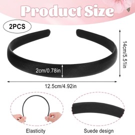 Pack of 2 Satin Headbands, Padded Simple Headband, 2 cm Wide Hard Headband, Women, Fashionable Retro Non-Slip Hair Band, with 2 Elastic Hair Bands, Black, for Party DIY Hair Accessories