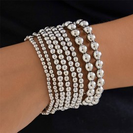 ALRNBY Gold Beaded Bracelets for Women Dainty 5PCS/8PCS Statement Bracelet Sets for Women Adjustable Gold/Silver Beaded Bracelet Stack Trendy Stretch Stackable Bracelets Jewelry Gift (Silver2)