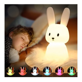 SOLIDEE SOLIDEE Bunny Silikon Nachtlicht Kinder USB-Aufladung Nachttischlampe mit 7 Lichtwechsel & Tap Control & Timing Funktion 1200mAh Kinderzimmer Deko Geschenke Spielzeug Schlaflichter Nachtlicht Baby