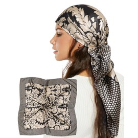 AWAYTR 35” Satin Head Scarf for Women Like Silk Scarf Hair Bandanas Women Large Square Neck Scarf Headscarf Head Wrap (Black + Champagne)